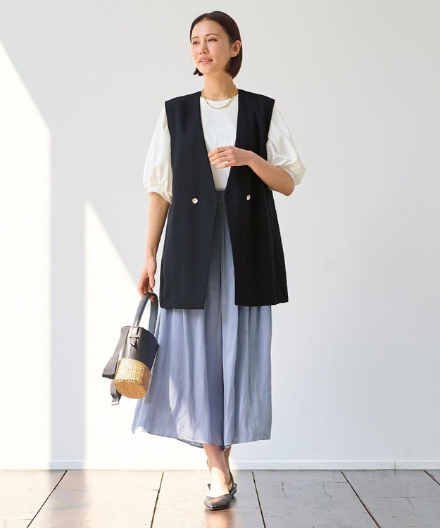 自由区 【ウエストゴム・長さ調整可・洗える・XSサイズあり】ビンテージサテン ガウチョパンツ ダルブルー系