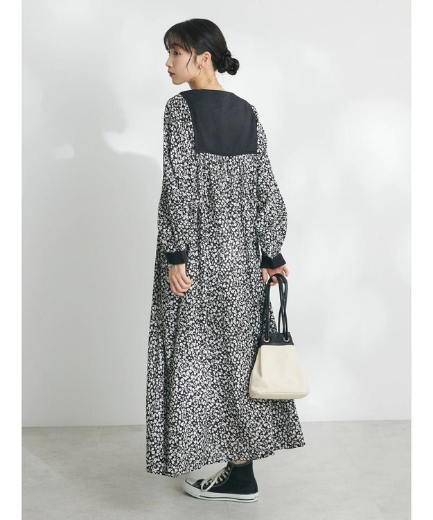 CRAFT STANDARD BOUTIQUE インド綿混キルト切替花柄ワンピース Black