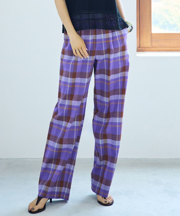 自由区 L 【SHIHOさん着用・セットアップ対応】コットンリネンチェックワイドストレート パンツ パープル×ブラウン系