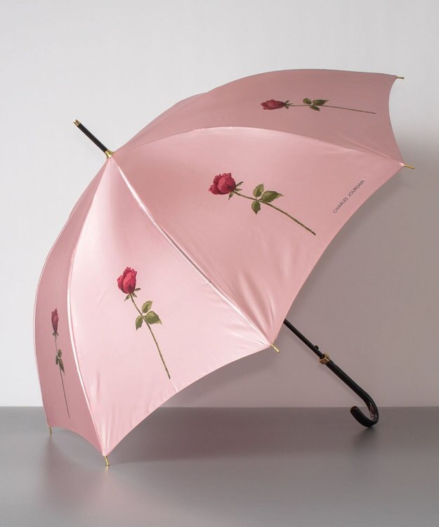 AURORA シャルルジョルダン　ポリエステルサテン　ローズプリント耐風傘 ペールピンク