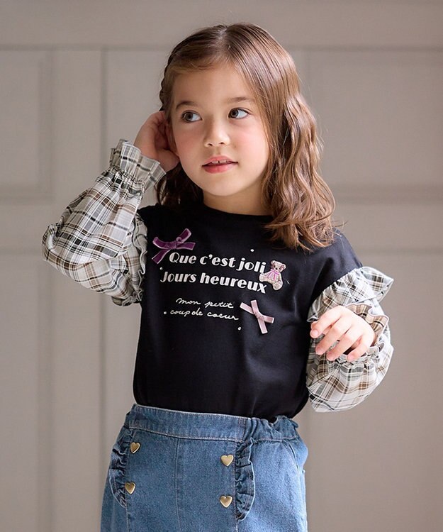 ANY KIDS チェック袖 ドッキング プルオーバー ブラック