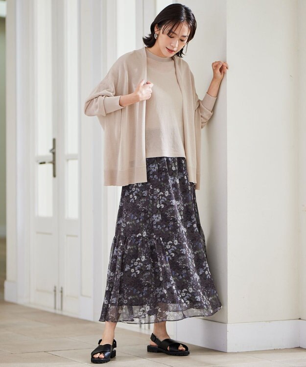 自由区 【セットアップ対応・洗える】ボタニカルフラワープリントティアード スカート セピア系
