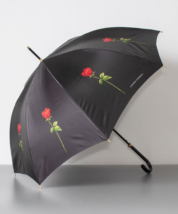 AURORA シャルルジョルダン　ポリエステルサテン　ローズプリント耐風傘 ブラック