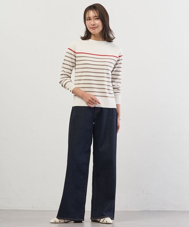 J.PRESS LADIES S Rayon Stretch Border ニット オフ×モカ×ブラッドオレンジ系