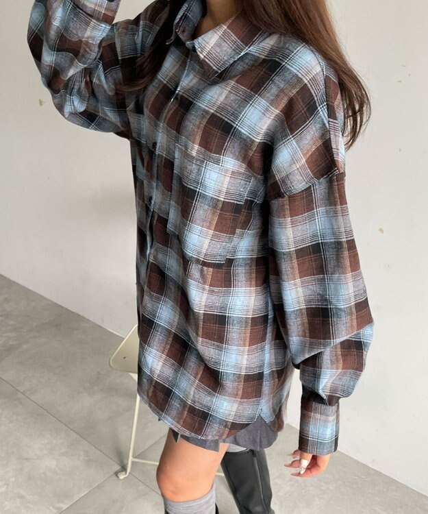 WEGO チェックBIGシャツ ブラウンチェック1