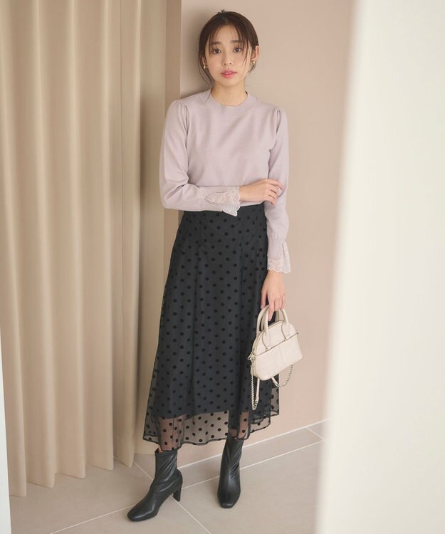 Feroux レースコンビ ニット グレイッシュピンク系