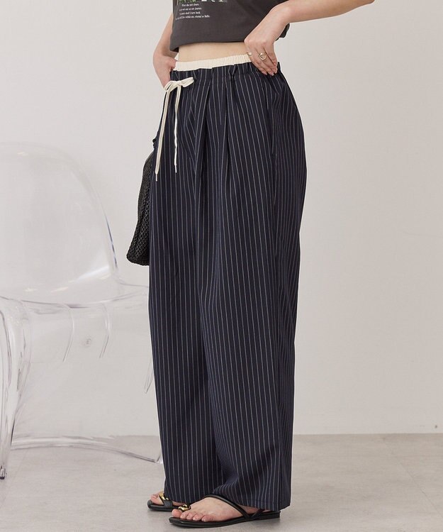 AMERICAN HOLIC 【マルチ機能】Wウエストパンツ Stripe Navy