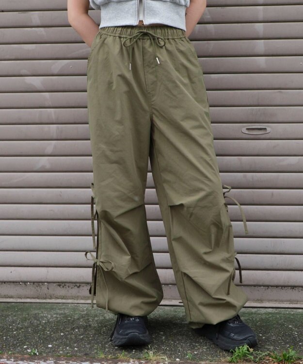 WEGO 【ウエストゴム】サイドリボンパラシュートパンツ オリーブ