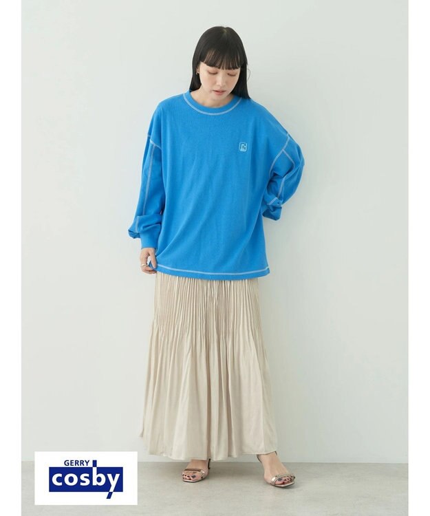 earth music&ecology Ｃｏｓｂｙ×ｅａｒｔｈ　配色ステッチロングＴシャツ Turquoise Blue