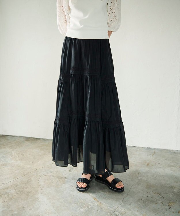 GRACE CONTINENTAL ギャザーレースロングスカート ブラック