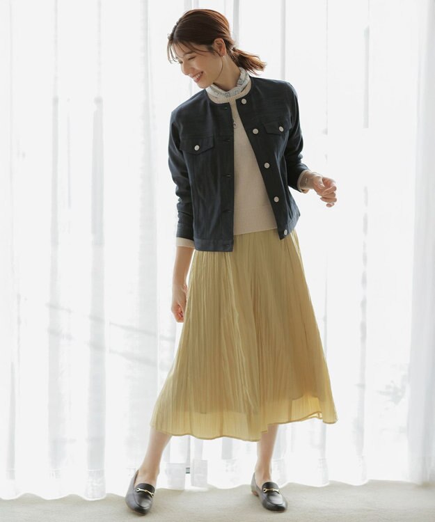 J.PRESS LADIES 【洗える】セルロースシャンブレー ノーカラー デニム ジャケット ネイビー系