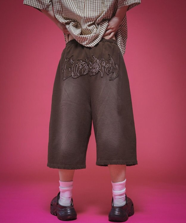 WEGO 【ユニセックス着用ITEM/ウエストゴム】ダメージアップリケショートパンツ ブラウン