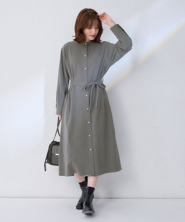 ANY 【洗濯機可能/ストレッチ】ウールライク前開きワンピース グレー