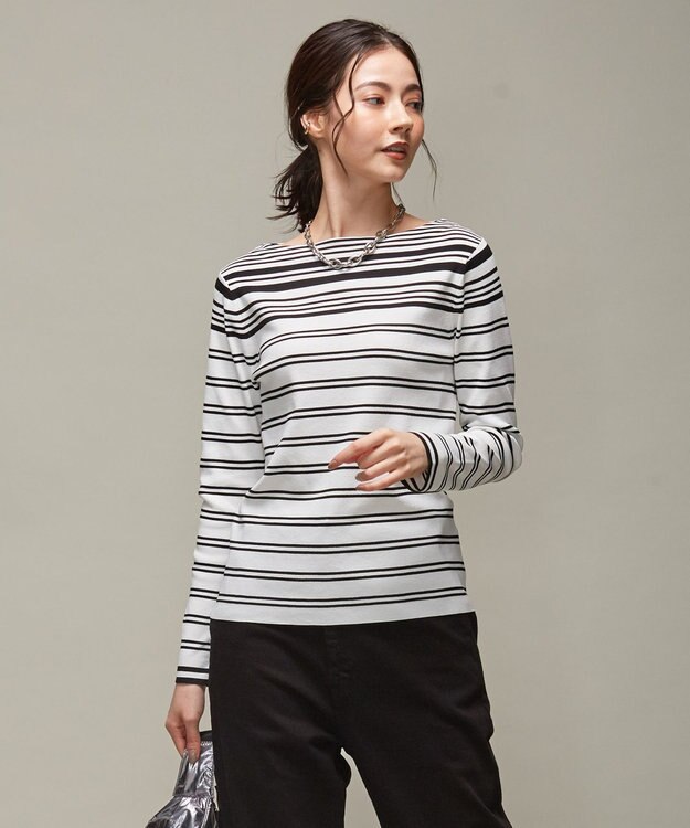 ICB 【洗える】 ハイブリッドボーダー ニットプルオーバー クリアホワイト×クリアブラック系