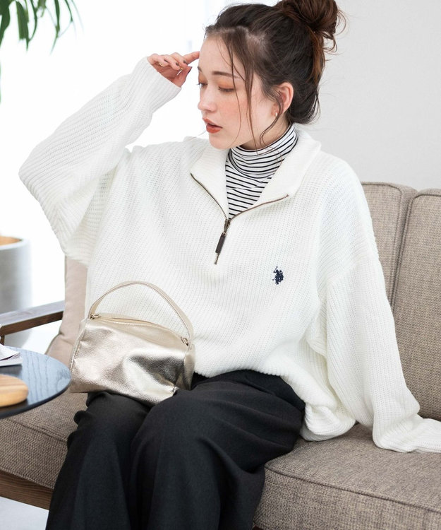WEGO U.S. POLO ASSN.|別注畔編みハーフジップセーター オフホワイト