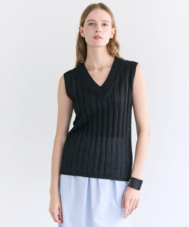 BEIGE， OPTICAL /  ペーパーヤーン Vネックリブニット Black