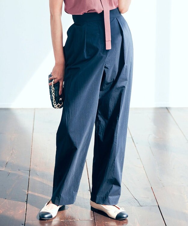 ICB 【洗える】 エコナイロンストレッチ ワイドストレートパンツ ネイビー