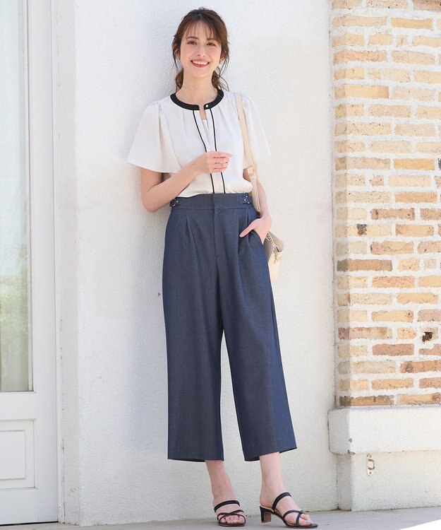 ANY SIS 【洗える】ベルトポイントワイド パンツ シャンブレーブルー