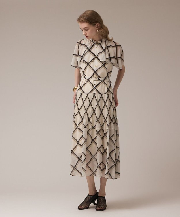 GRACE CONTINENTAL チェックプリントプリーツワンピース ベージュ