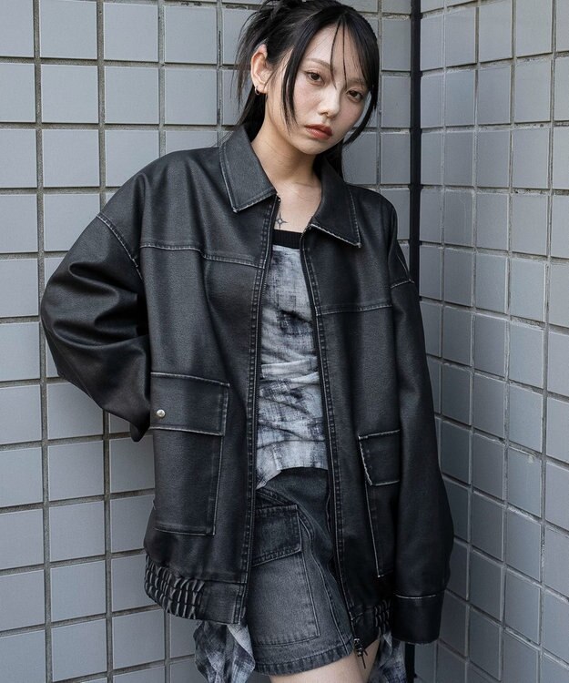 WEGO ヴィンテージライクPUジャケット ブラック