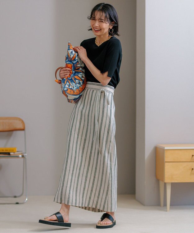 23区 【洗える】リネンストライプ Aライン スカート ベージュストライプ