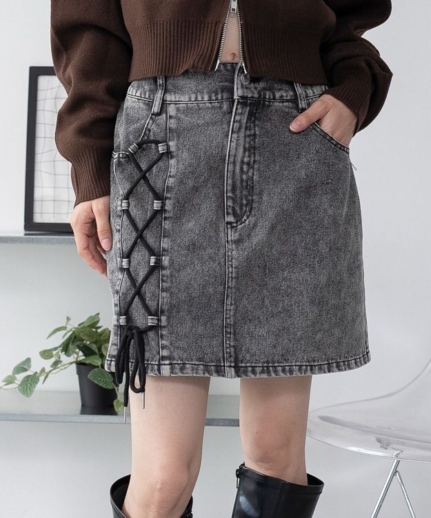 WEGO レースアップハートポケットデニムスカパン デニムブラックソノタ