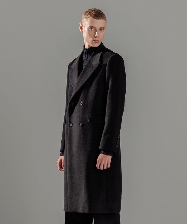 JOSEPH HOMME 【WEB限定】グロッシーウール　ダブルブレストチェスターコート ブラック系