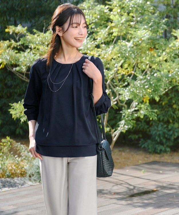 Tiaclasse 【新色追加・洗える】つまみタック袖レイヤードブラウス ネイビー