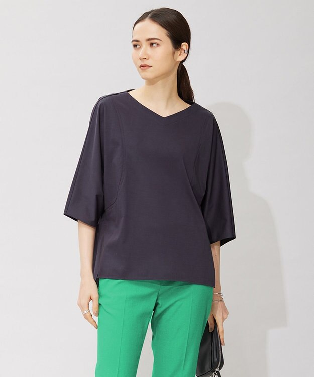 ICB 【洗える】 ブラウスライクジャージー ドルマンスリーブカットソー ネイビー系