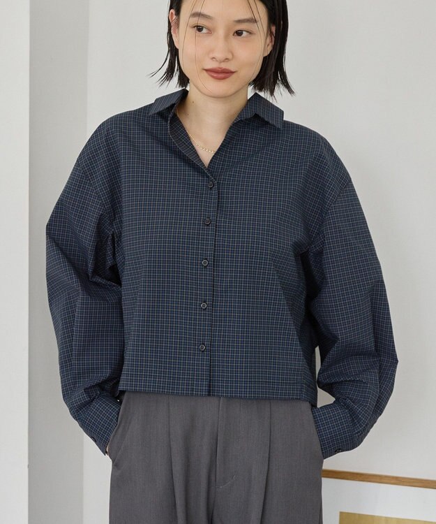 AMERICAN HOLIC クロップド丈バックタックシャツ Check Navy
