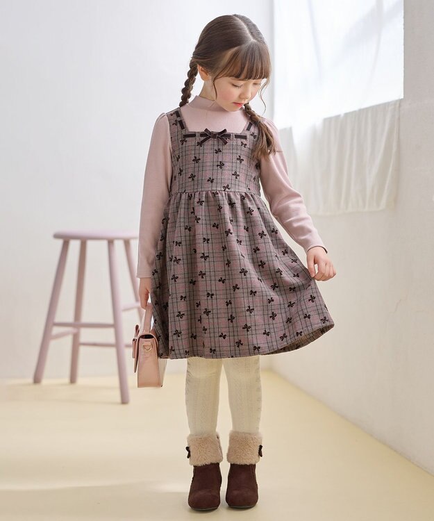 ANY KIDS チェック柄 ドッキング ワンピース ピンク