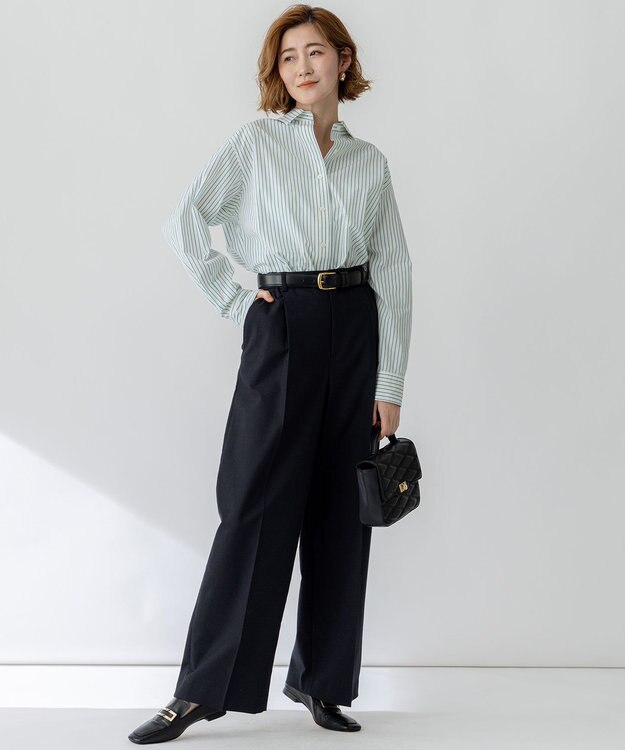 23区 【CLASSY.5月号掲載/洗える】CANCLINI ベーシック シャツ ホワイト×グリーンストライプ