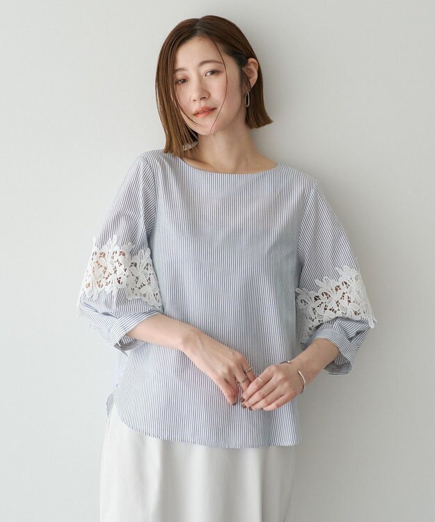 YECCA VECCA ストライプ柄レース切替ブラウス Off White