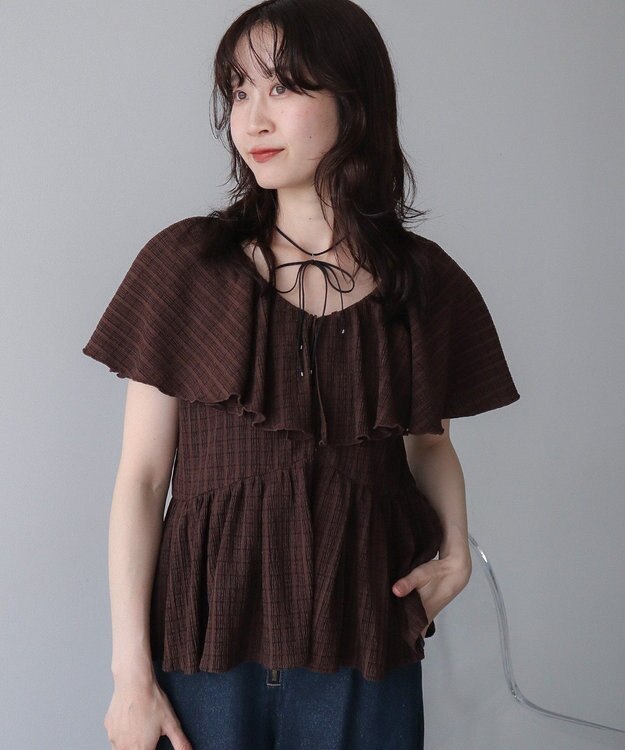 earth music&ecology チェックラッフルカラーペプラムカットブラウス Check Brown
