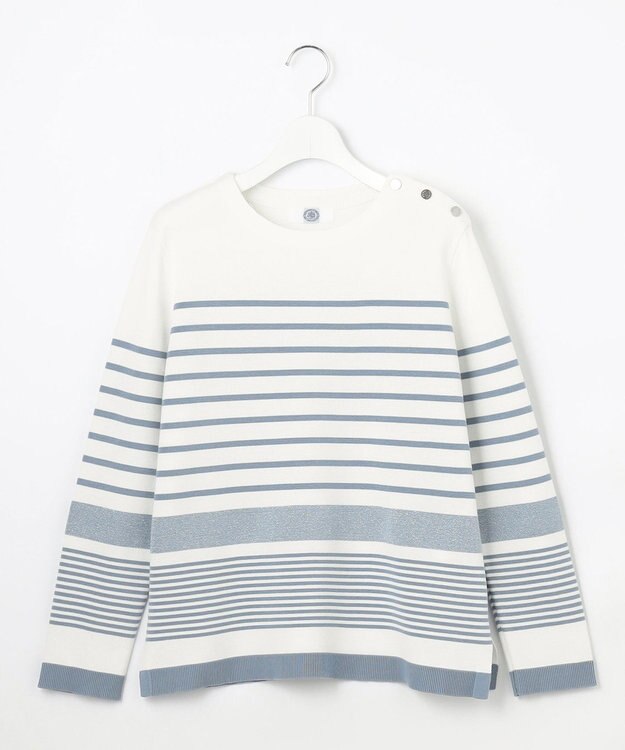 J.PRESS LADIES L 【洗える】Cotton Acetate パネルボーダー プルオーバー ニット ブルー系1