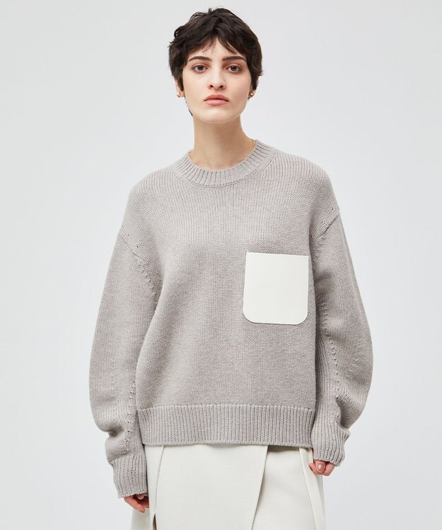 BEIGE， 【洗える】LEADER / フェイクレザーポケットクルーネックトップス Taupe