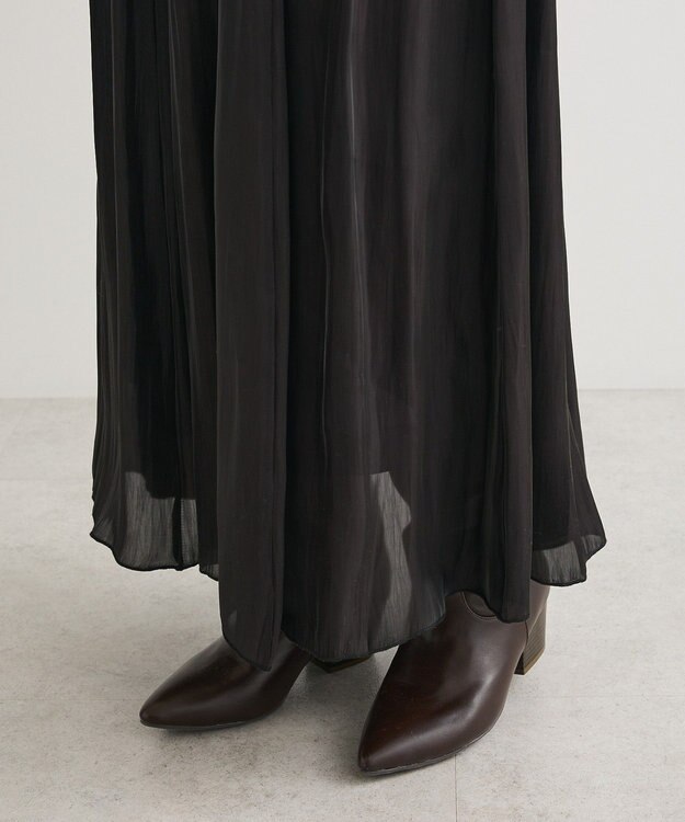 Green Parks シャイニーサテンセルフプリーツギャザーフレアスカート Black