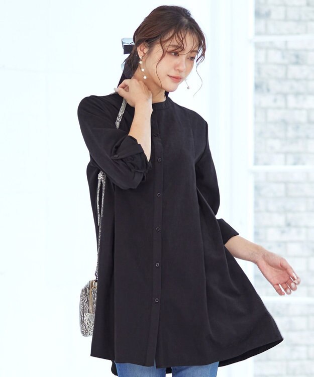 Tiaclasse 【洗える】ピーチスキンシャツチュニックブラウス チャコールグレー