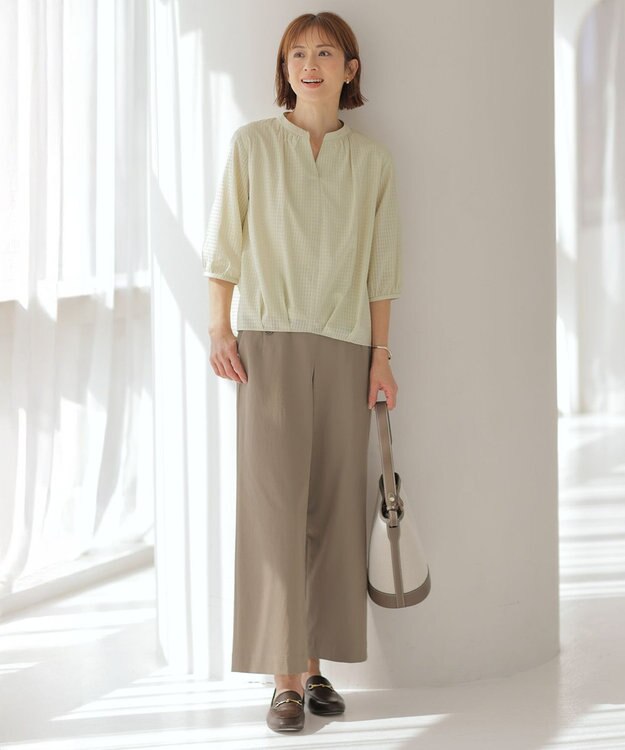 J.PRESS LADIES 【洗える・接触冷感・UVケア・吸水速乾・防透け】麻シェルドライ ワイドストレート マリン パンツ カーキ系