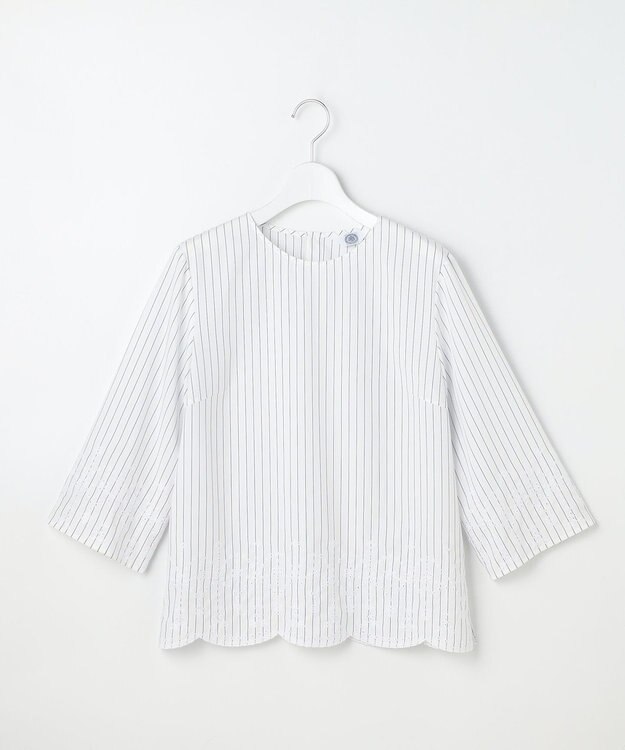 J.PRESS LADIES S ストライプ×エンブロイダリー クルーネック ブラウス ホワイト×ネイビー系