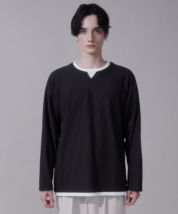 WEGO フェイクレイヤードキーネックT（LS） ブラック中濃色