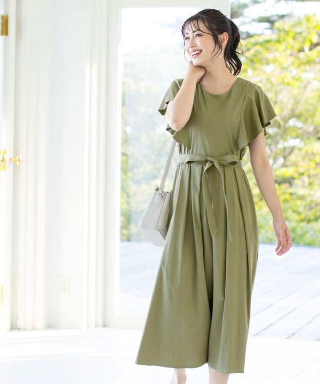 Tiaclasse L 【洗える】ストレスフリーで着用できるカットソーフレアワンピース カーキ