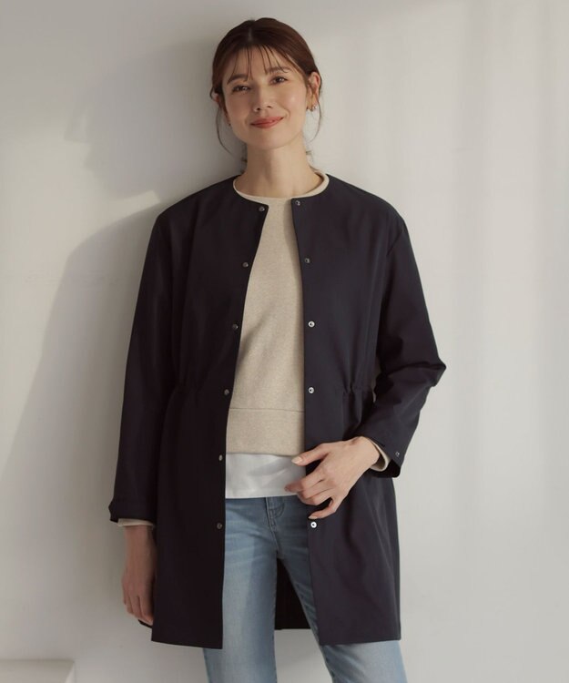J.PRESS LADIES 【洗える・撥水】ドライツイルストレッチ ノーカラー コート ネイビー系