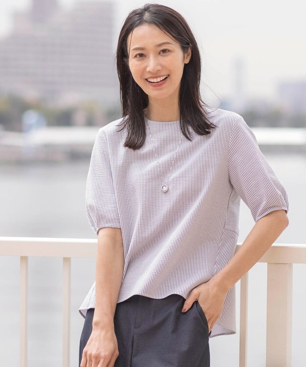 J.PRESS LADIES 【WEB限定カラーあり・抗菌消臭・吸水速乾】サッカージャージー 5分袖 ペプラム カットソー ライトグレー系1