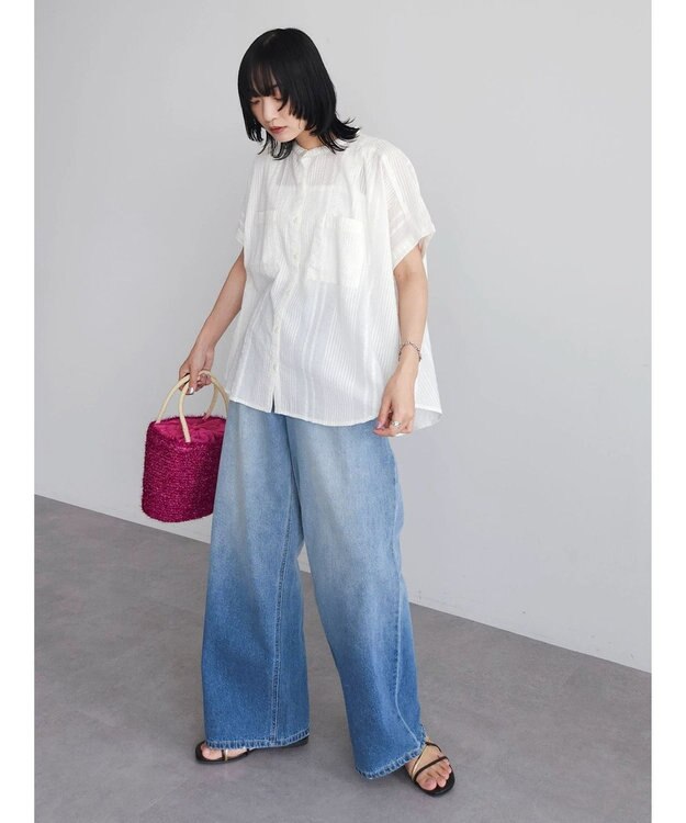 Green Parks インド綿  バンドカラーデザイン５分袖シャツ Off White