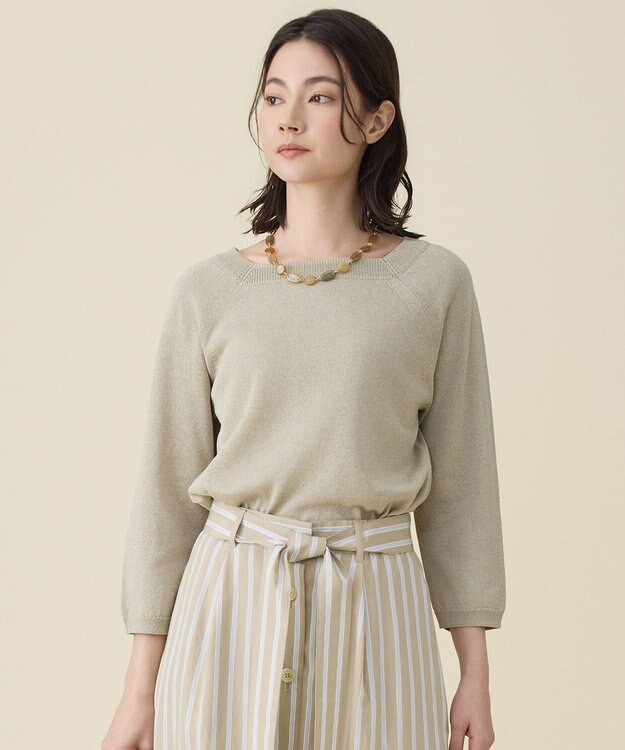 自由区 L ペーパーコットンスクエアネックニット プルオーバー ベージュ