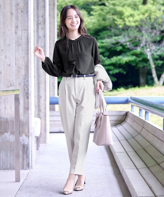 Tiaclasse L 【洗える】【スマート裏起毛】ジョーゼットフリルブラウス ブラック