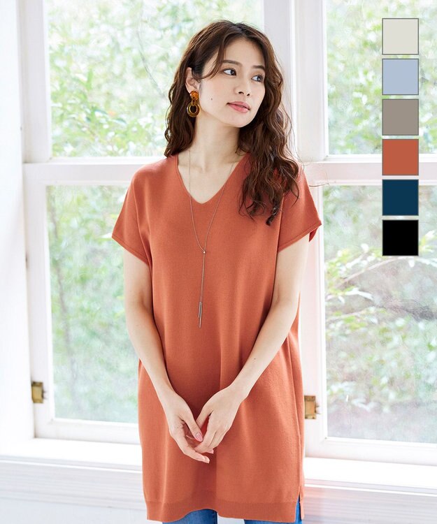Tiaclasse L 【洗える】さらりと肌離れの良いフレンチスリーブニットチュニック オレンジ