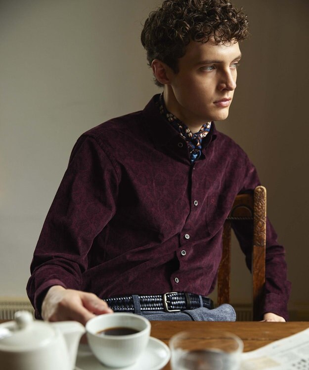 JOSEPH ABBOUD 【ソフトな着心地】ペイズリー柄 コーデュロイシャツ ワイン系6