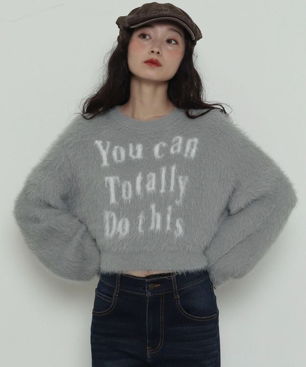 WEGO ロゴシャギーショートニット グレー